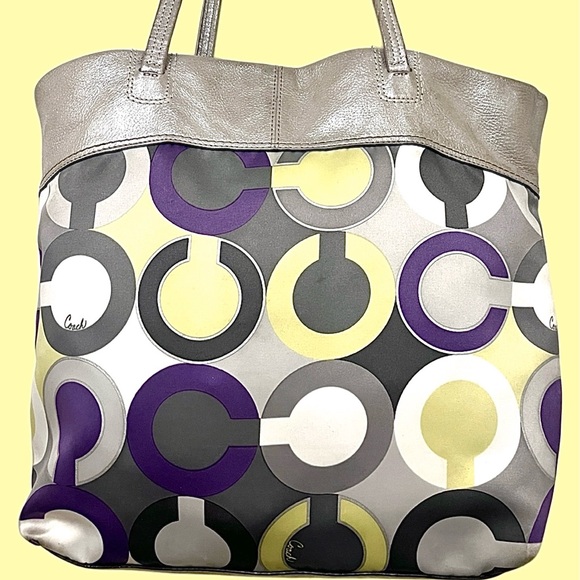 Coach Y2K OP Art Julia Purple, Yellow & Grey & Silver Leather Tote Shoulder Bag - Picture 4 of 7